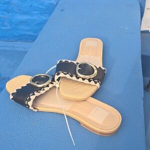 Dolce Vita Black and Tan Slide Sandals with Gold Buckle